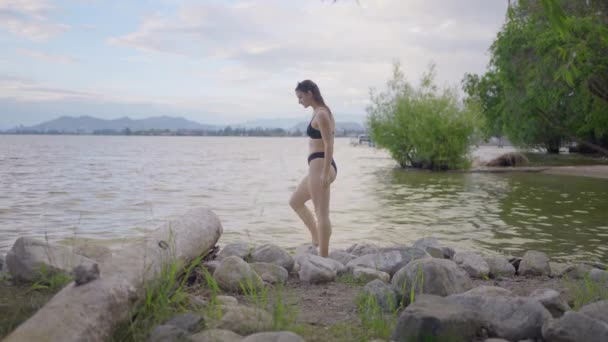 Side View Attractive Girl Walking Away Rocky Beach — Stok video