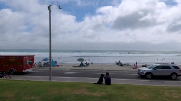 Man Dog Watching People Playing Beach Sunny Cloudy Day Oceanside — Vídeos de Stock