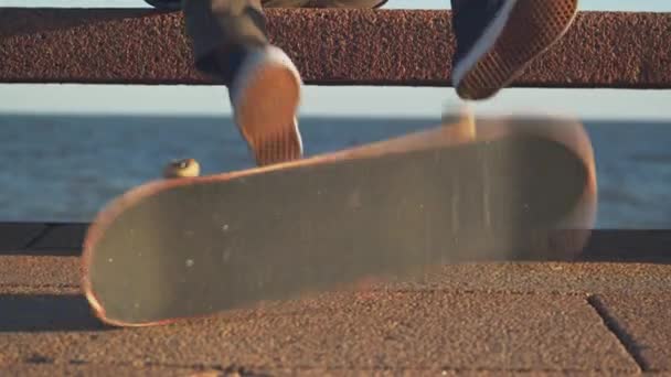 Millennial Feet Practicing Ollie Trick Close — Vídeos de Stock