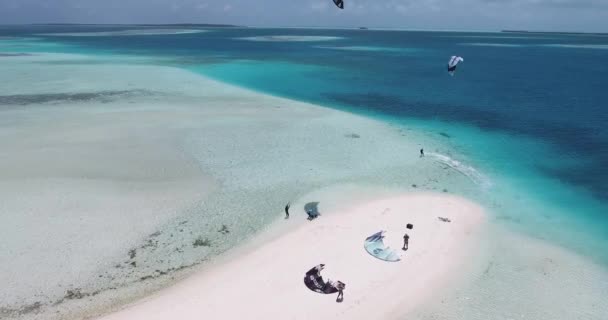 Kitesurf Paradise Aerial View Idyllic Sandbank Turquoise Sea Water Los — Stock video