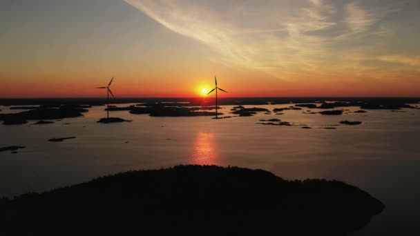 Aerial View Wind Power Turbine Archipelago Sunset Render — 비디오