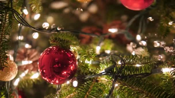 Ornaments Dangling Christmas Tree Bokeh Lights — Wideo stockowe