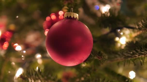 Matte Red Ball Ornament Christmas Tree Bokeh Lights — Vídeos de Stock