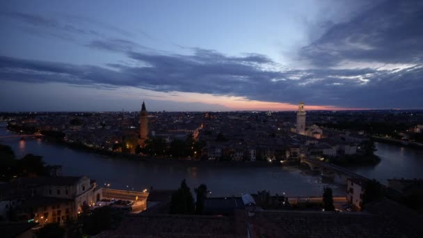 Sunset Verona Italy Day Night Timelapse Overlooking Ponte Pietra Historical — Stockvideo