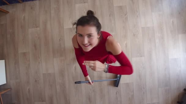 Top View Happy Girl Dancing Broom Enjoying Cleaning Home — Stock videók