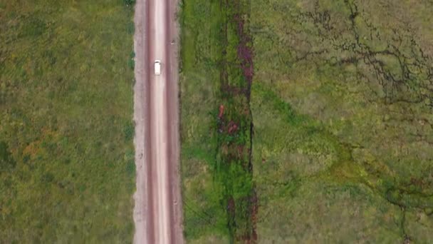 White Minivan Driving Dirt Road Alaska Grassy Green Wild Terrains — 비디오