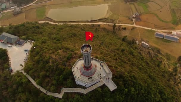 Vietnam National Flag Lung Flagpole Giang Province Sunset Afternoon — Wideo stockowe
