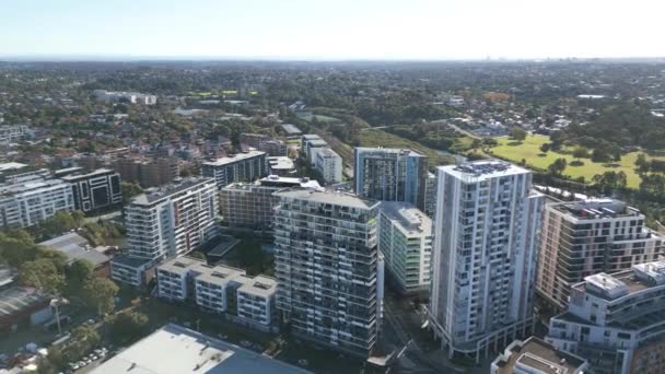 Aerial View Apartment Complexes Drone Fly High Neighborhood Buildings Sunny — Vídeos de Stock
