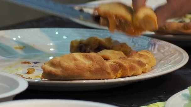 Delicious Galician Pie Closeup Hands Taking Piece Plate Xantar Fair — Stockvideo