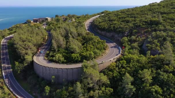 Aerial View Fast Car Racing Hairpin Curve Mountains Portugal Tracking — 图库视频影像