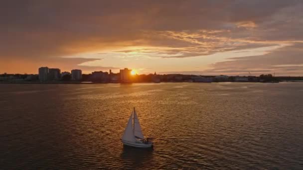 Aerial City Scape Sail Boat Sunset — Stock videók