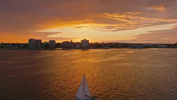 Aerial City Scape Sail Boat Flying Sunset — Stockvideo