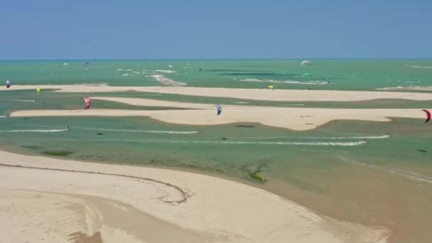 Numerous Kite Surfers Playing Narrow Turquoise Pond Brazil Coastline — Stockvideo