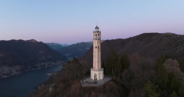 Splendid Drone View Brunate Lighthouse Fly Ends Pretty Lake — 图库视频影像