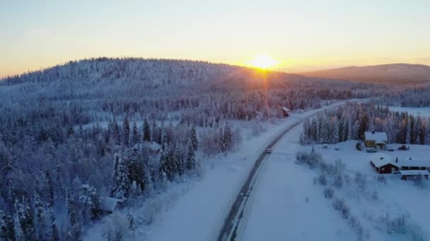 Aerial View Fairy Tale Sunrise Scandinavia Mountain Vehicle Journey Travelling — Vídeos de Stock
