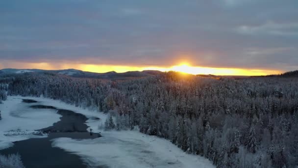 Aerial View Golden Glowing Sunrise Rising Swedish Lapland Woodland Mountains — ストック動画