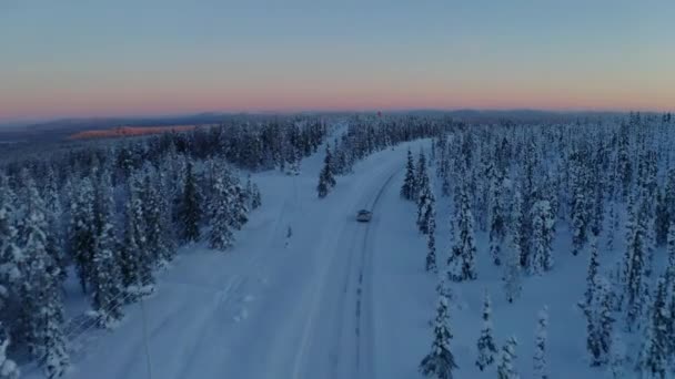 Aerial View Vehicle Journey Lapland Wilderness Freezing Scandinavia Woodland Scenery — ストック動画