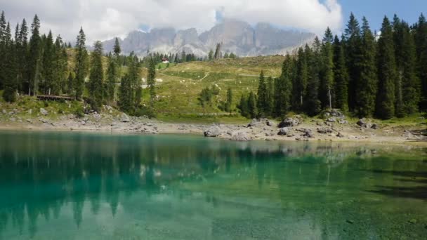 Slide Shot Showing Mountains Front Lago Carezza — Wideo stockowe