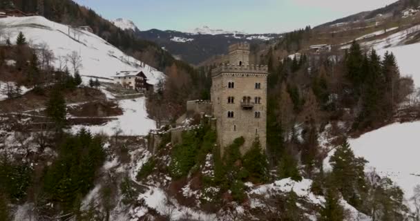 Superb Orbit Amazing Gernstein Castle Located Hill Dolomites Winter Landscape — Video Stock