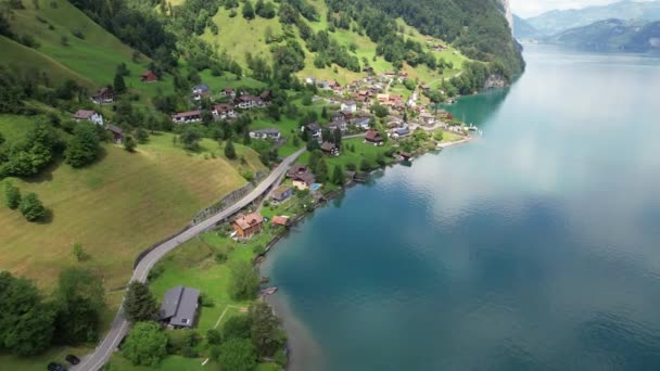 Aerial Drone Footage Fly Swiss Village Lake — Stockvideo