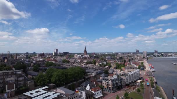 Aerial Ascending Movement Revealing Cityscape Dutch Historic Hanseatic City Center — Stockvideo