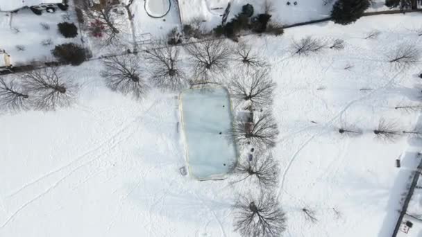 People Ice Skating Small Ice Rink Ontario Aerial Top View — стокове відео