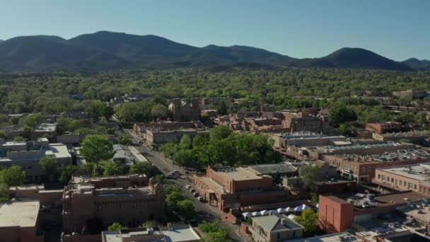 Aerial Moving Away Downtown Santa New Mexico Skyline — Video Stock