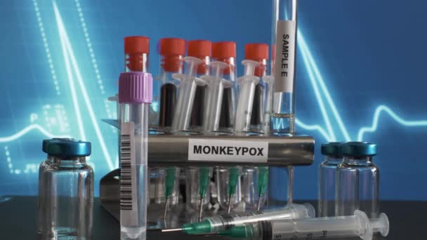 Frontal Look Metal Tube Rack Labelled Monkeypox Glass Test Tubes — Vídeo de Stock