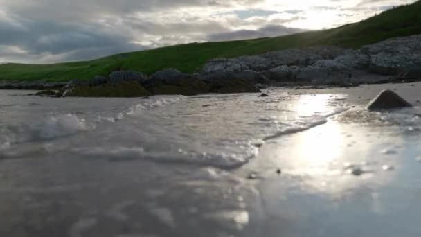 Low Angle Shot Waves Gently Lapping Sandy Beach Very Close — Stockvideo