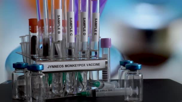 Glass Test Tubes Samples Jynneous Monkeypox Vaccine Being Taken Metal — Stockvideo