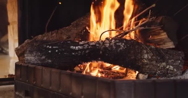 Close Shot Warm Cozy Burning Fire Brick Fireplace House Cold — Stock videók
