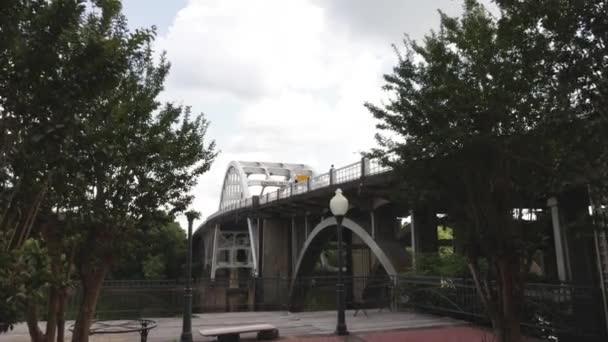 Edmund Pettus Bridge Selma Alabama Gimbal Video Walking Forward Trees — Video Stock