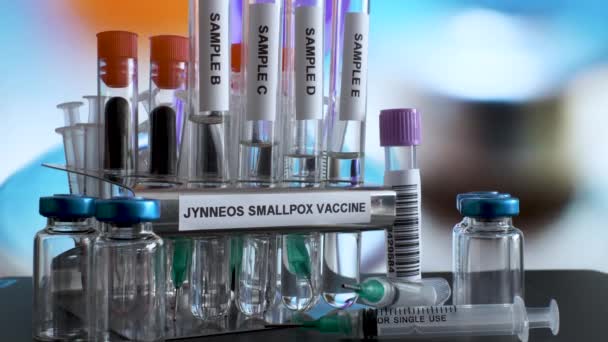 Close Look Metal Tube Rack Labelled Jynneous Smallpox Vaccine Glass — Stockvideo