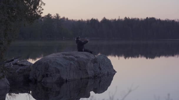 Woman Plays Native Flute Lake Sunrise Beautiful Landscape — 图库视频影像