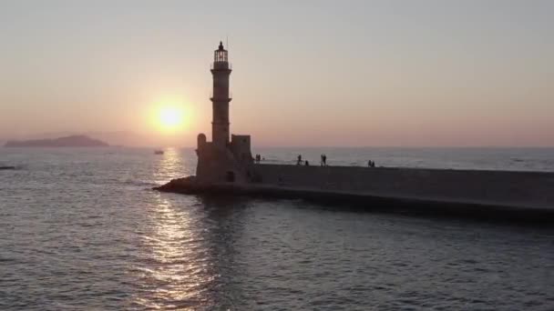 Aerial Shot Chania Lighthouse Crete Greece Sunset Background — Stockvideo