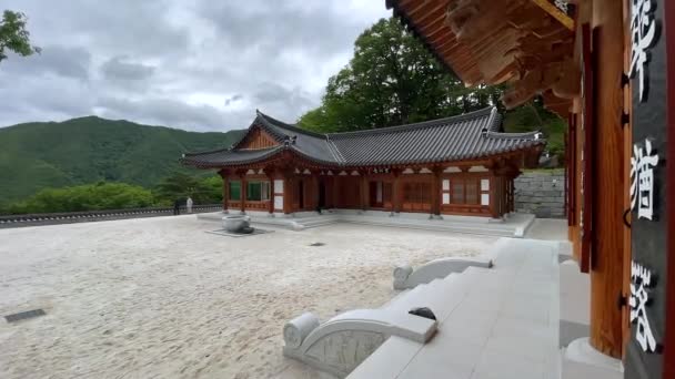 Brett Vinkel Skott Vackra Koreanska Temple House Ligger Mellan Vegeterade — Stockvideo