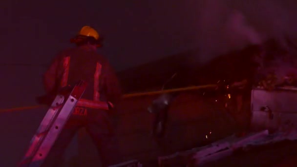 Firemen Ripping Parts Roof Pike Pole Getting Fire Source — Stock Video