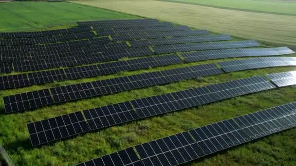 Aerial Flyover Solar Panel Farm Grass Field Sunlight Countryside — Vídeo de Stock