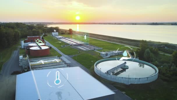 Aerial Water Cleaner Treatment Facility Sunset Animated Visual Effects Drone — Stockvideo