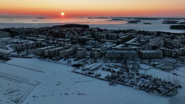 Sunset Coast Lauttasaari Helsinki Winter Sunset Aerial View — Video Stock