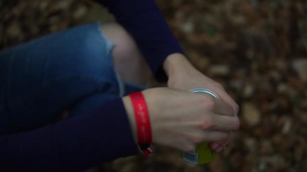 Women Opening Can German Beer Called Radler Camping Trip Forest — Video