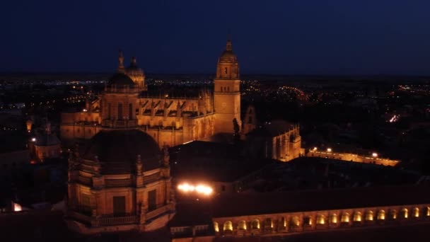 Beautiful Aerial View Salamanca Spain Featuring Cathedral City Backdrop Lit — ストック動画