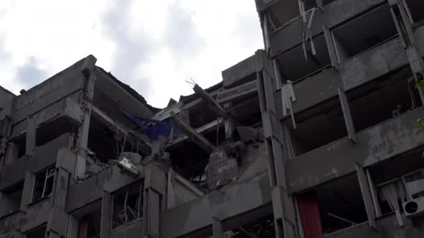 Two Workers Wearing Protective Hardhats Stand Window Next Collapsed Floors — Stockvideo