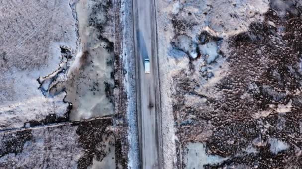 Aerial Top Shot Van Driving Snowy Road Icelandic Landscape Mount — 비디오