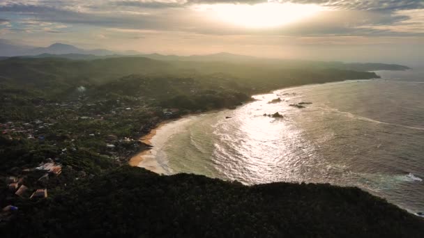 Mazunte Golden Ocean Sunrise Jungle Aerial Drone Fly Mexican Surfing — Stockvideo