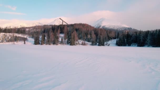 Establisher Aerial Drone View High Tatra Ski Jumping Tower Forward — ストック動画