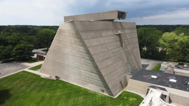 Storm Clouds Passing Brutalist Stone Structure Saint Francis Church — Video Stock