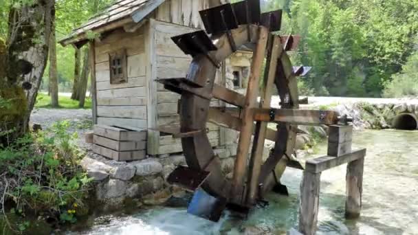 Old Wooden Mil Small Stream Nice Background Trees Rocks Slovenia — Wideo stockowe