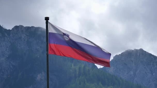 Slovenian National Flag Waving Wind Planica Slovenia Slow Motion Shot — Stock video