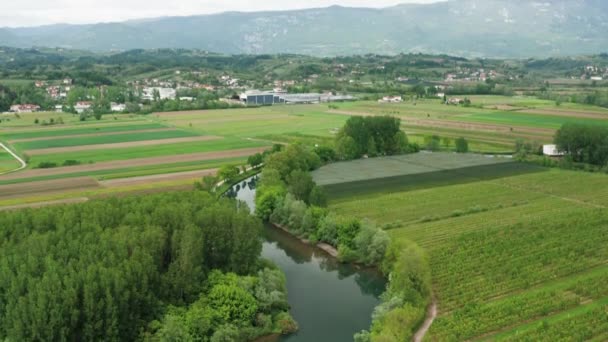 Beautiful Countryside Vipava Slovenia River Agricultural Fields Houses Background — Stock video